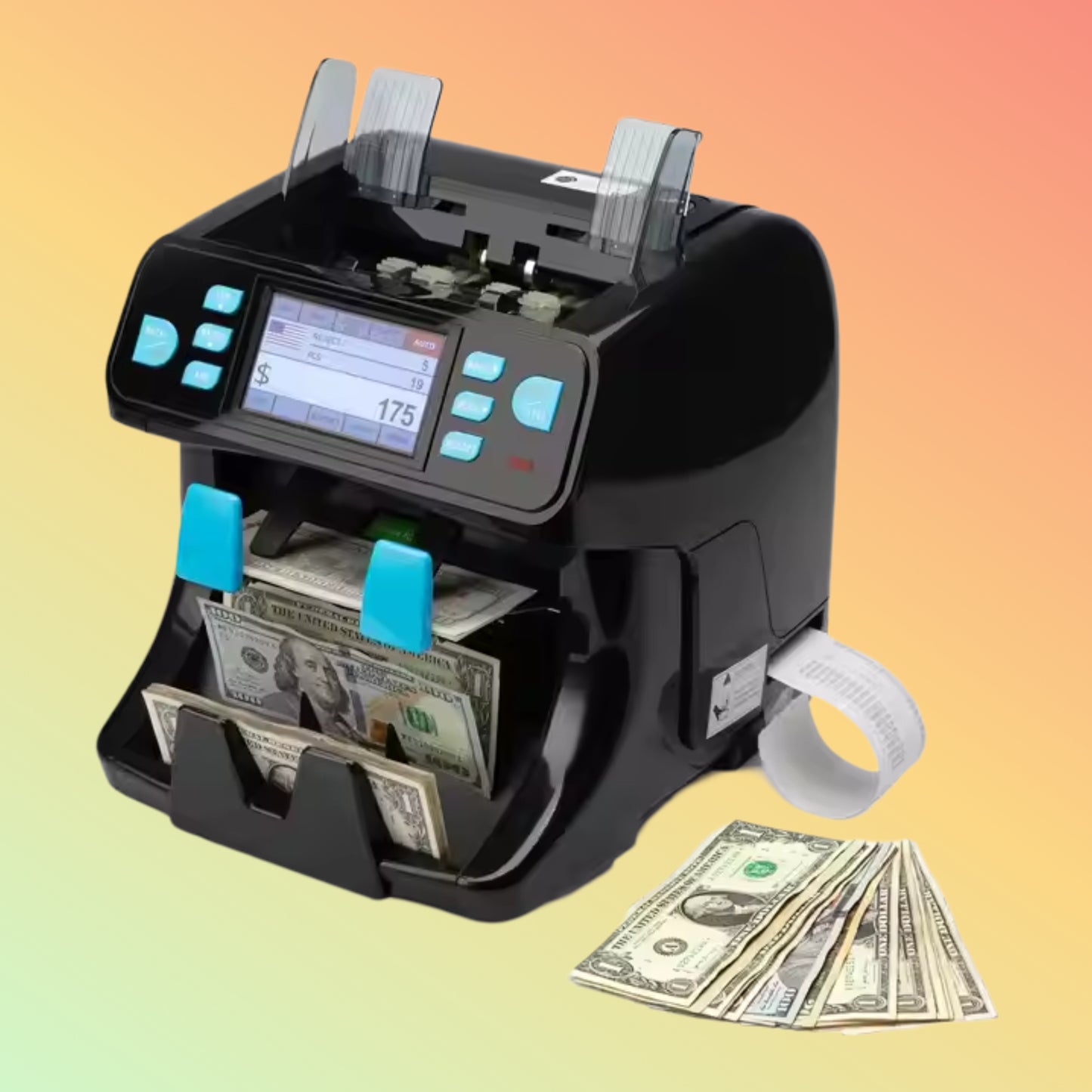 Close-up of the 1+1 Pockets Multi-Currency Machine, equipped with advanced 2CIS for detecting counterfeit bills