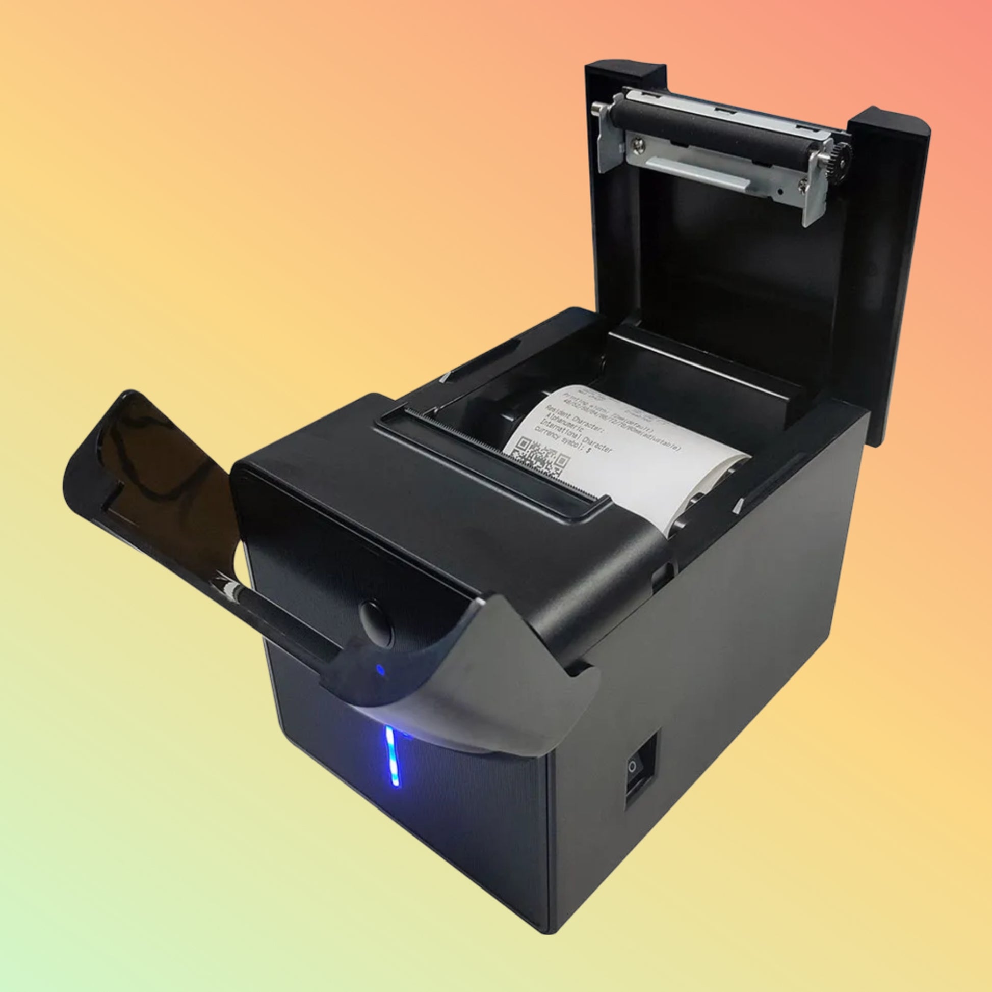 Close-up of ZYWELL ZY905 thermal printer, 3-inch paper width, robust design suitable for continuous printing.
