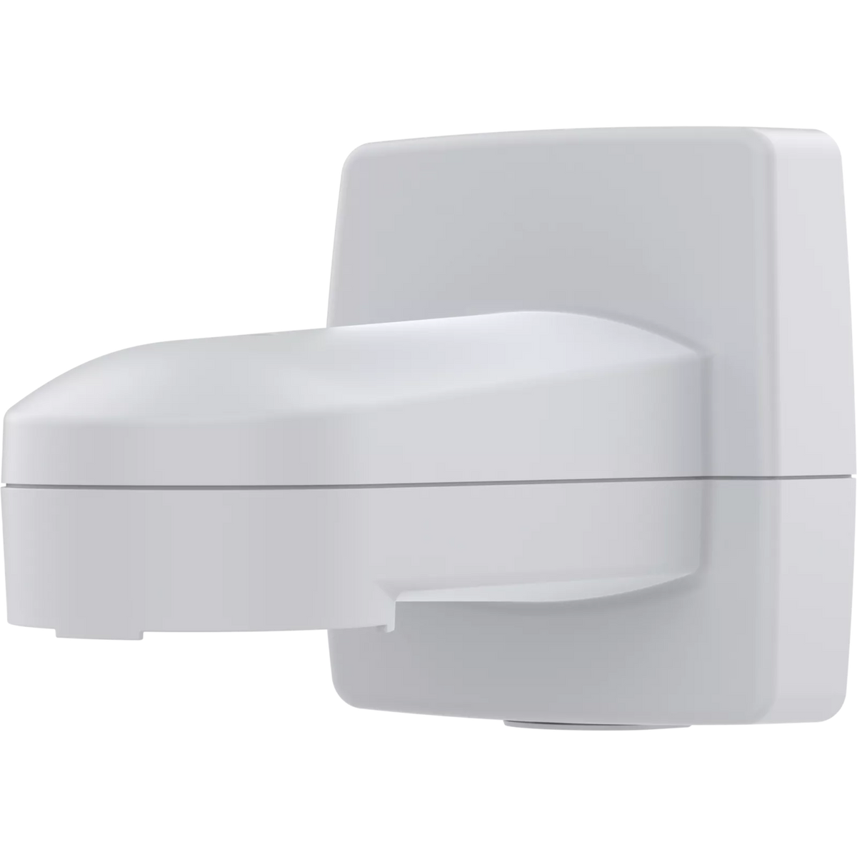 A white plastic wall-mounted dispenser or fixture with a curved front and a square backplate, shown against a plain white background.